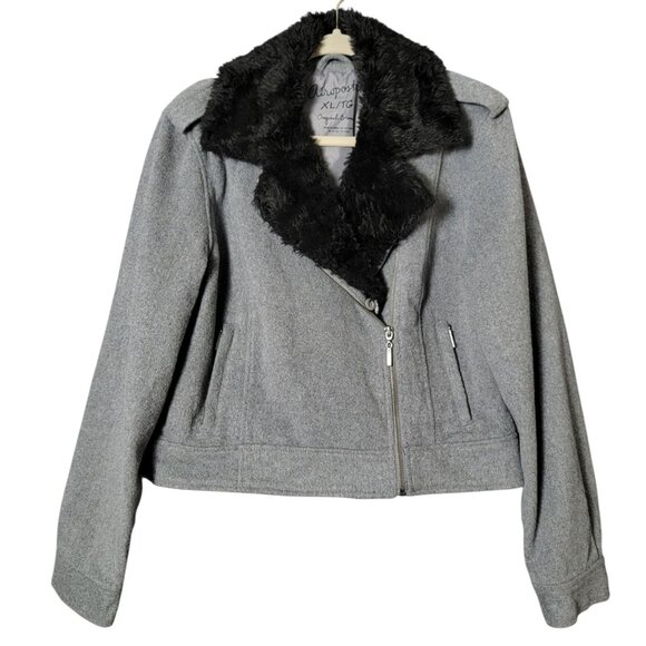 Aeropostale Womens Y2K Gray Wool Blend Coat Jacket XL Faux Fur Lined Collar - Picture 1 of 9